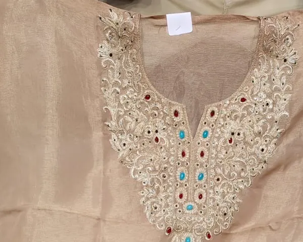 Embroidered neckline set with red and turquoise stones