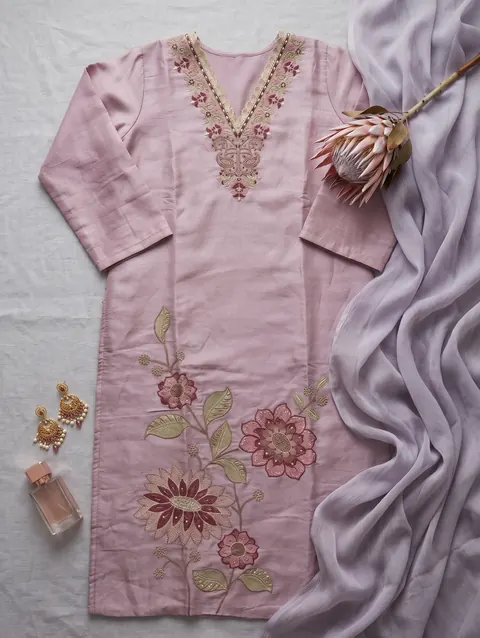Lilac Floral Kurti laid flat with jhumkas