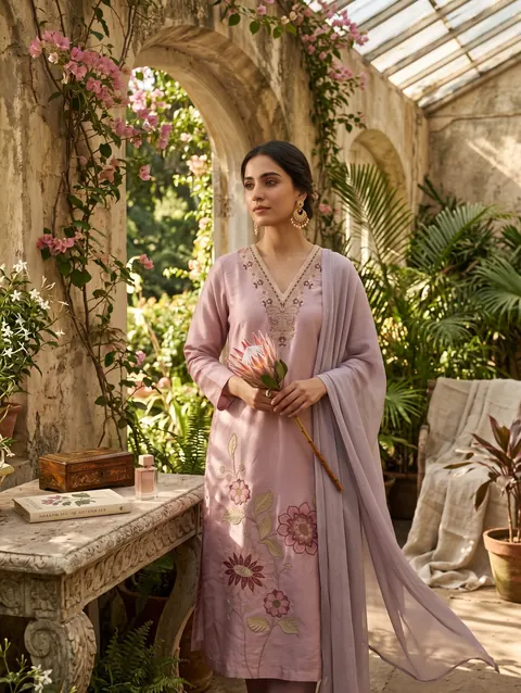 Lilac Floral Kurti in a garden